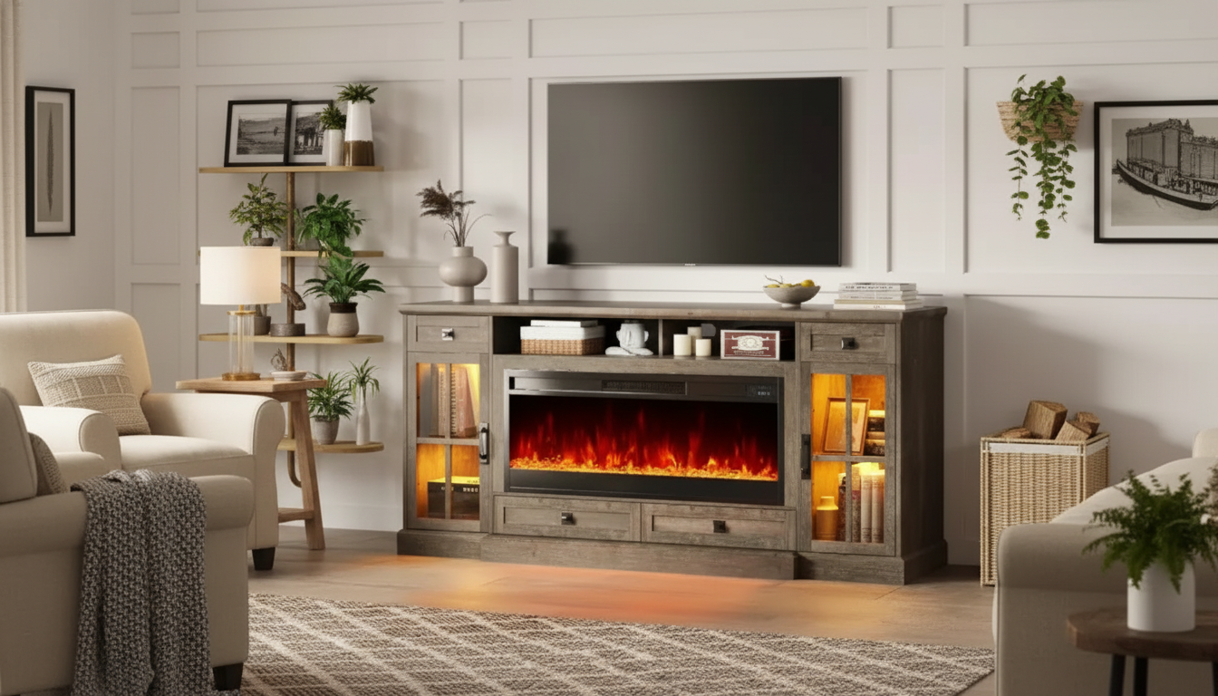 70in Farmhouse Fireplace TV Stand: 42in Insert + LEDs