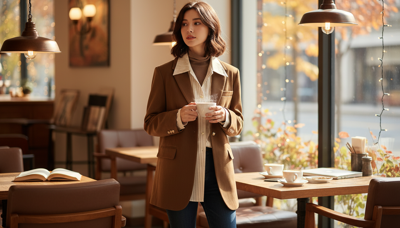 Brown Faux Suede Blazer-Coat: Loose Fit, Notched Collar