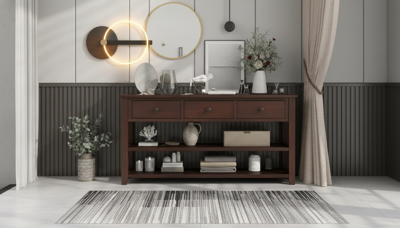 Long Entryway Console Table: 3 Drawers + Double Shelves