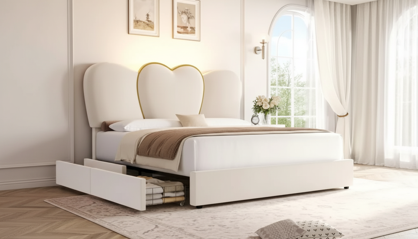 Queen Velvet LED Bed Frame: Heart Headboard + 4 Drawers