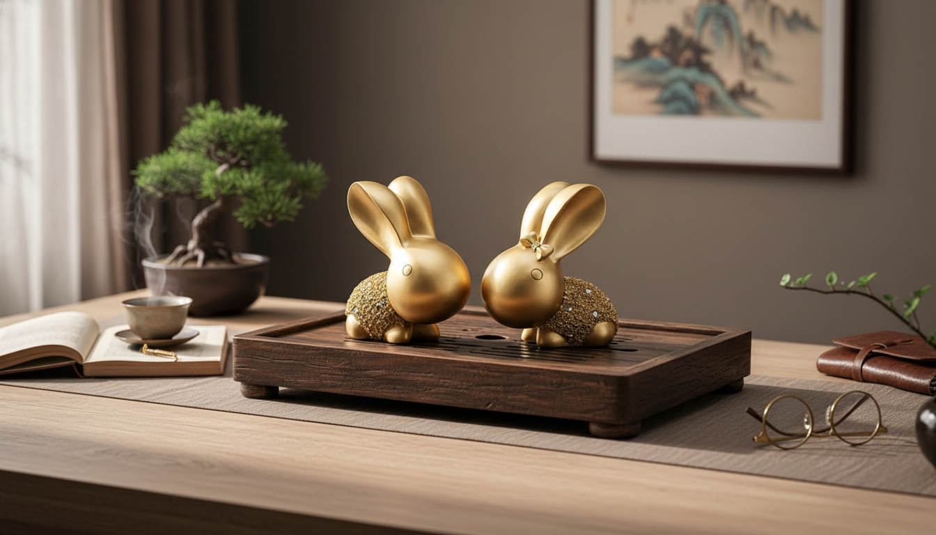 Vintage Zodiac Rabbit Figurines (2pcs) for Desk & Tea Tray