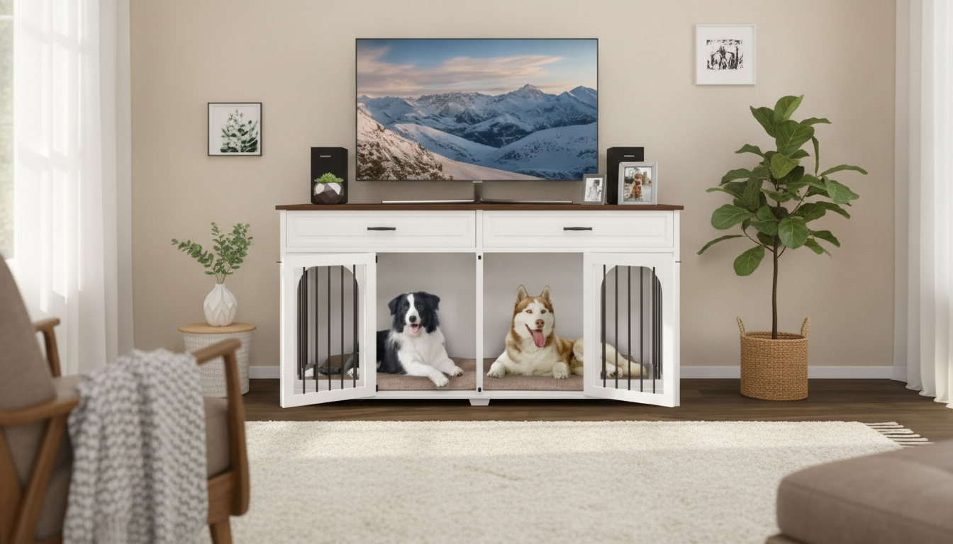 Furniture-Style Dog Crate Console: Divider, Drawers & TV Top