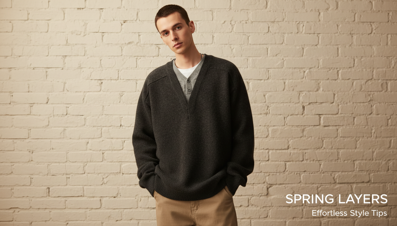 Men’s Retro V-Neck Loose Knit Sweater: Two-Piece Look