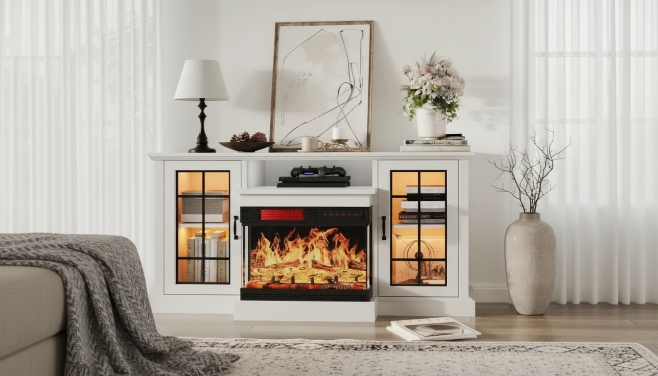59-Inch Glass-Door Fireplace TV Stand for 65-Inch TVs