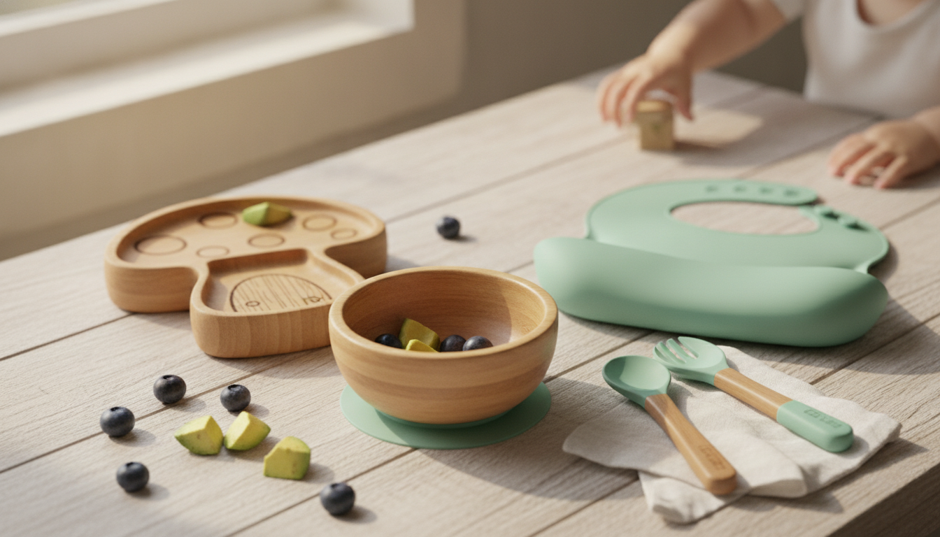 Bamboo Baby Feeding Set: Bowl, Plate, Spoon, Fork & Bib