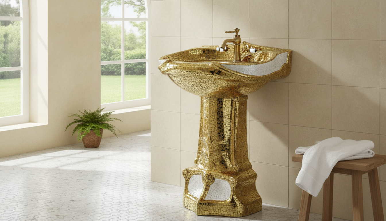 Mosaic Gold Vintage Pedestal Sink: Ceramic Basin + Overflow